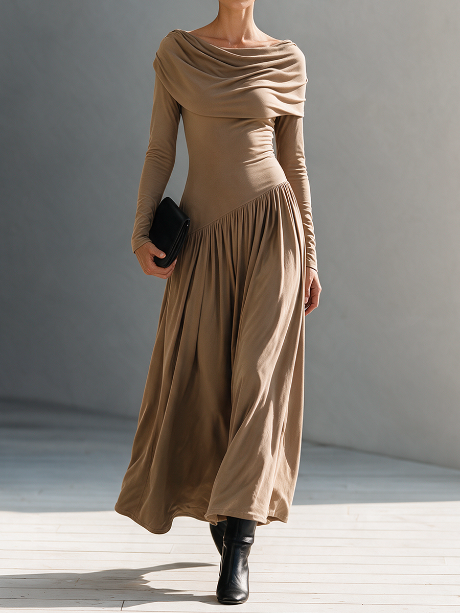 Vestido largo de punto al bies con cuello drapeado elegante para mujer MDZ0467I1ZRK