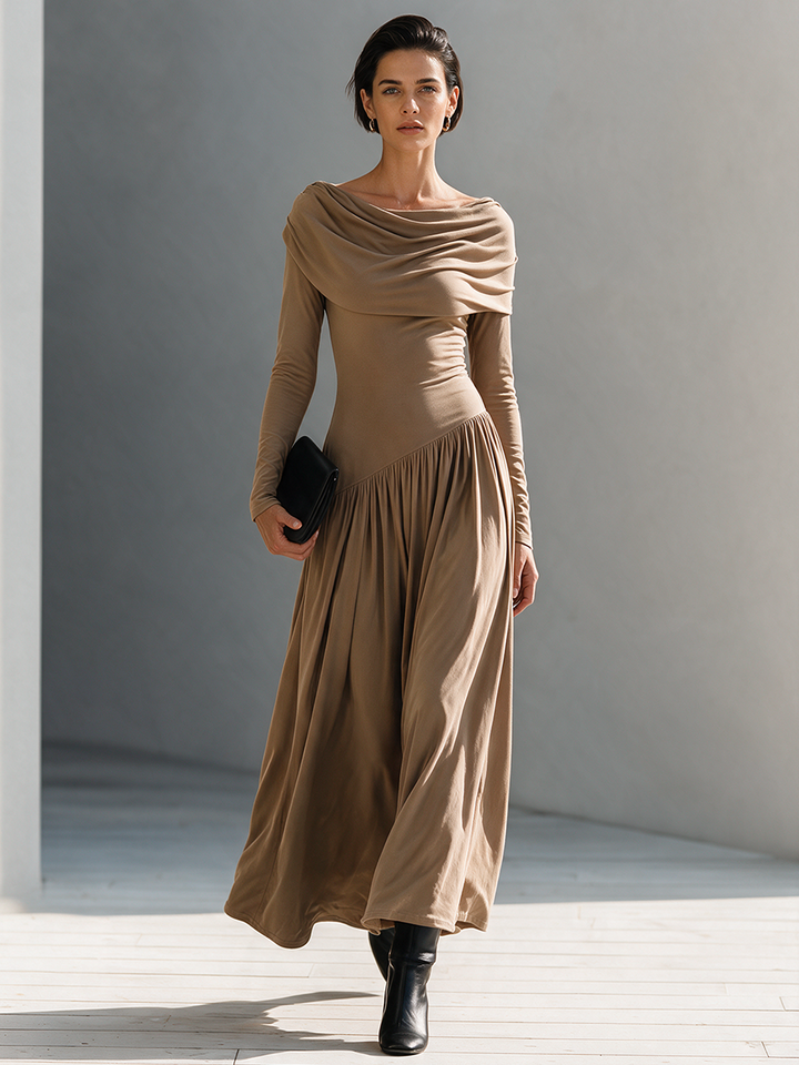 Vestido largo de punto al bies con cuello drapeado elegante para mujer MDZ0467I1ZRK