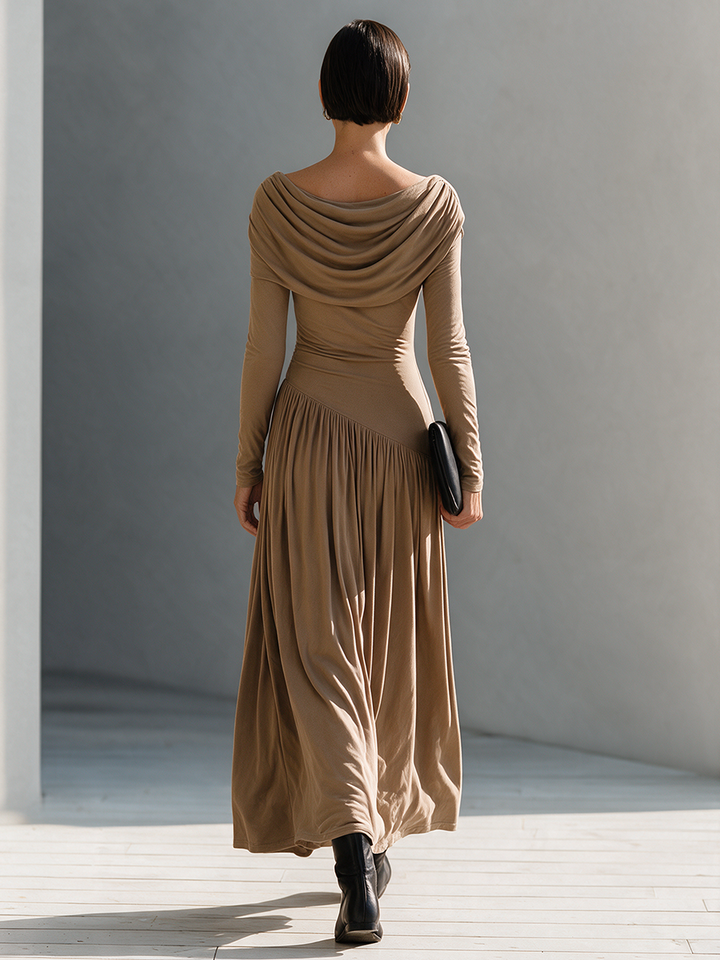 Vestido largo de punto al bies con cuello drapeado elegante para mujer MDZ0467I1ZRK