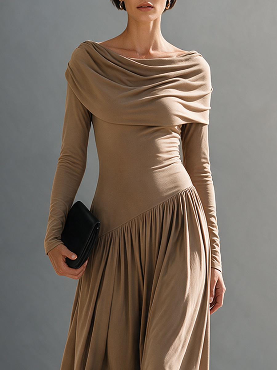 Vestido largo de punto al bies con cuello drapeado elegante para mujer MDZ0467I1ZRK