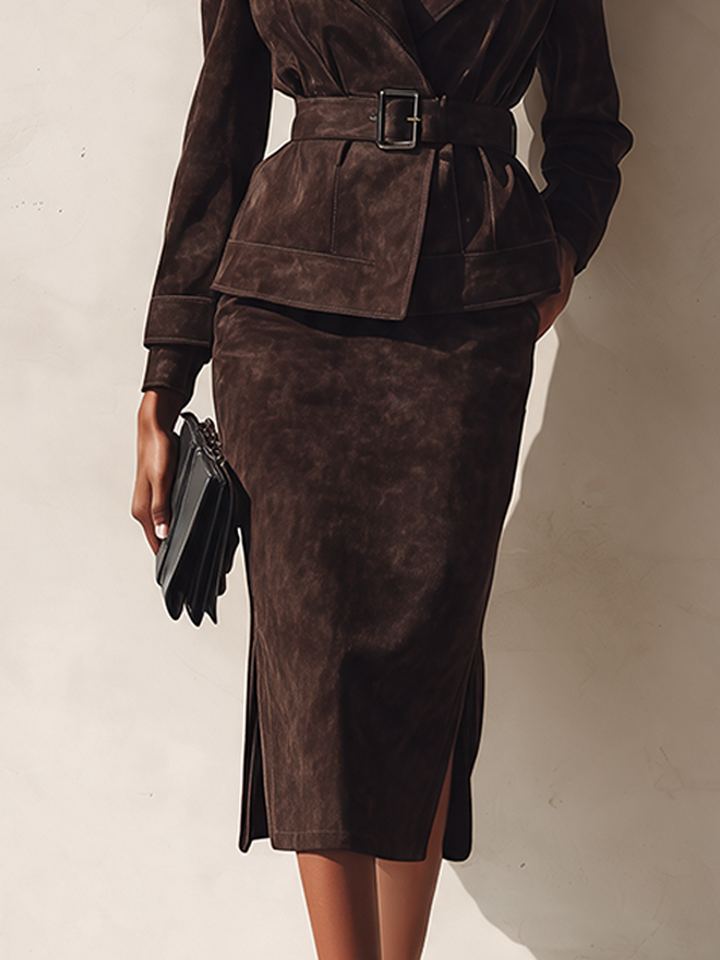 Conjunto de falda elegante de ante para mujer con chaqueta de solapa y cinturón MDZ0433I5ZRK