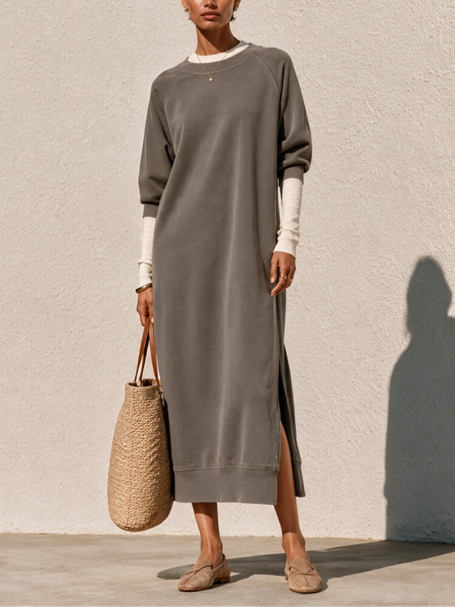 Vestido maxi informal de cuello redondo con efecto de capas para mujer MDZ0355I5GMJ