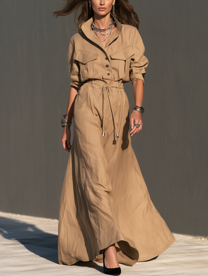 Vestido largo informal de tejido caqui de manga larga para mujer MDZ0489I1LXY