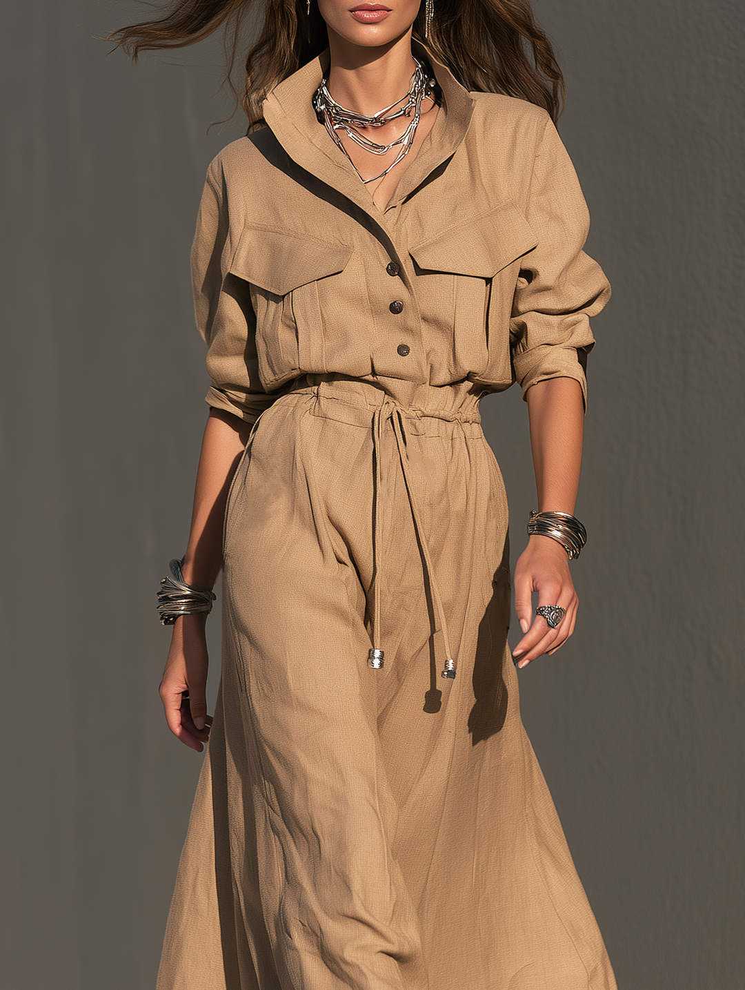 Vestido largo informal de tejido caqui de manga larga para mujer MDZ0489I1LXY