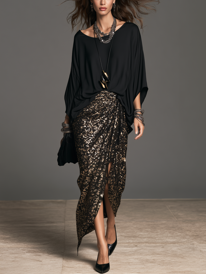 Women's Elegant Black Satin Top And A Black-And-Gold Sequin Skirt Two-Piece Set MDZ0432I8LXY
