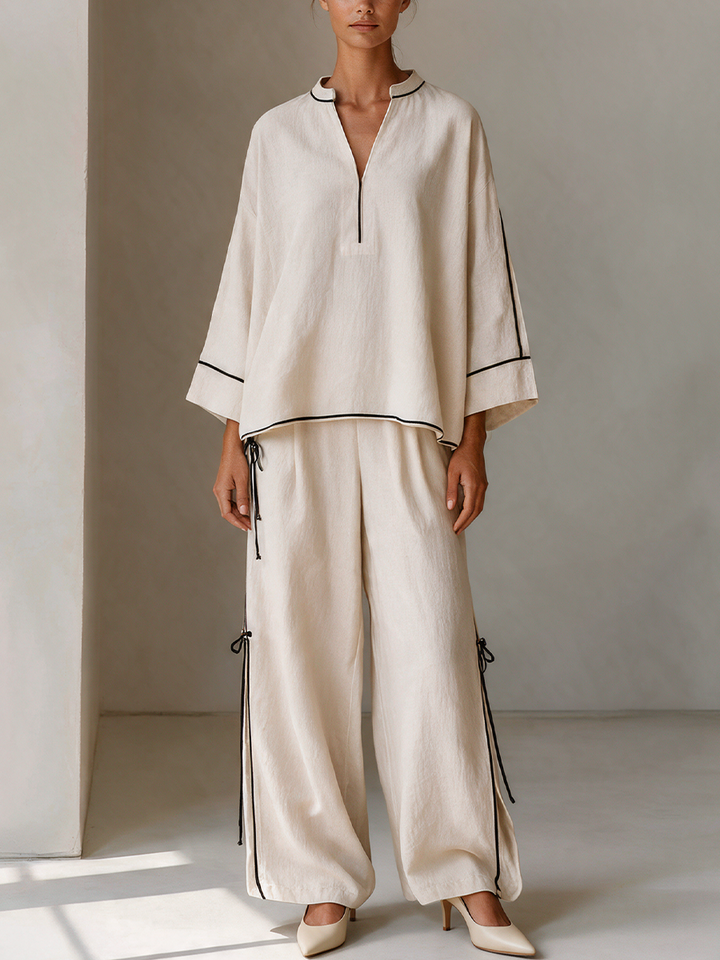 Women's Off‑White Contrast‑Piping Stand‑Collar Top & Side‑Tie Wide‑Leg Trousers Two‑Piece Set MDZ0495I9R