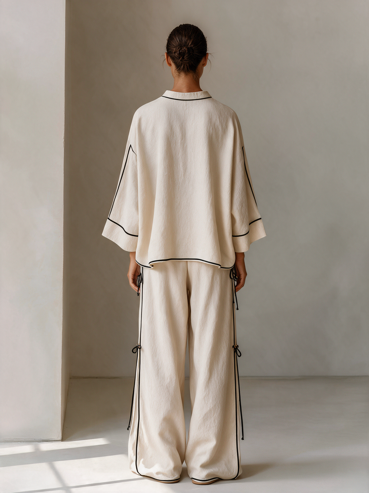 Women's Off‑White Contrast‑Piping Stand‑Collar Top & Side‑Tie Wide‑Leg Trousers Two‑Piece Set MDZ0495I9R