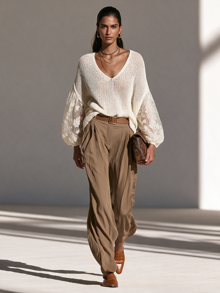 Women's V-Neck Open-Knit Lace-Panel Balloon-Sleeve Relaxed Wool-Knit Top MDZ0433I9CMX