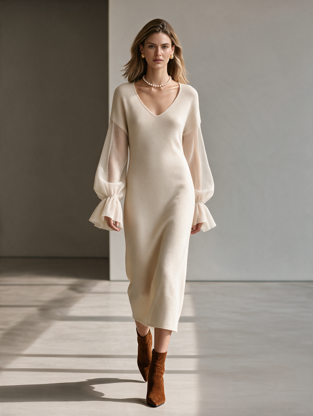 Women's V-Neck Mesh-Panel Balloon-Sleeve Straight Wool-Knit Midi Dress