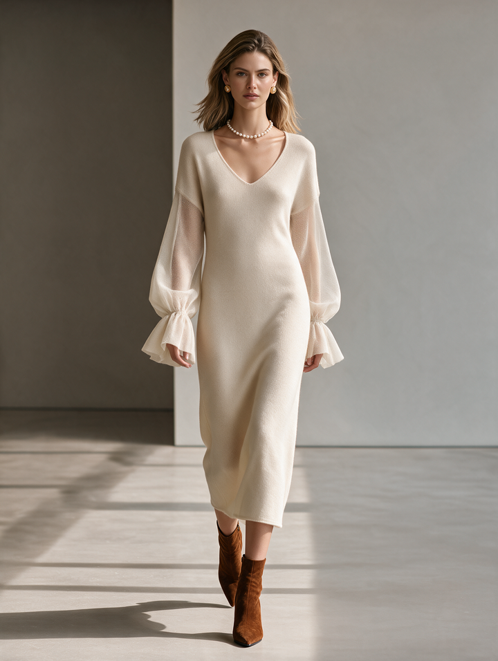 Women's V-Neck Mesh-Panel Balloon-Sleeve Straight Wool-Knit Midi Dress