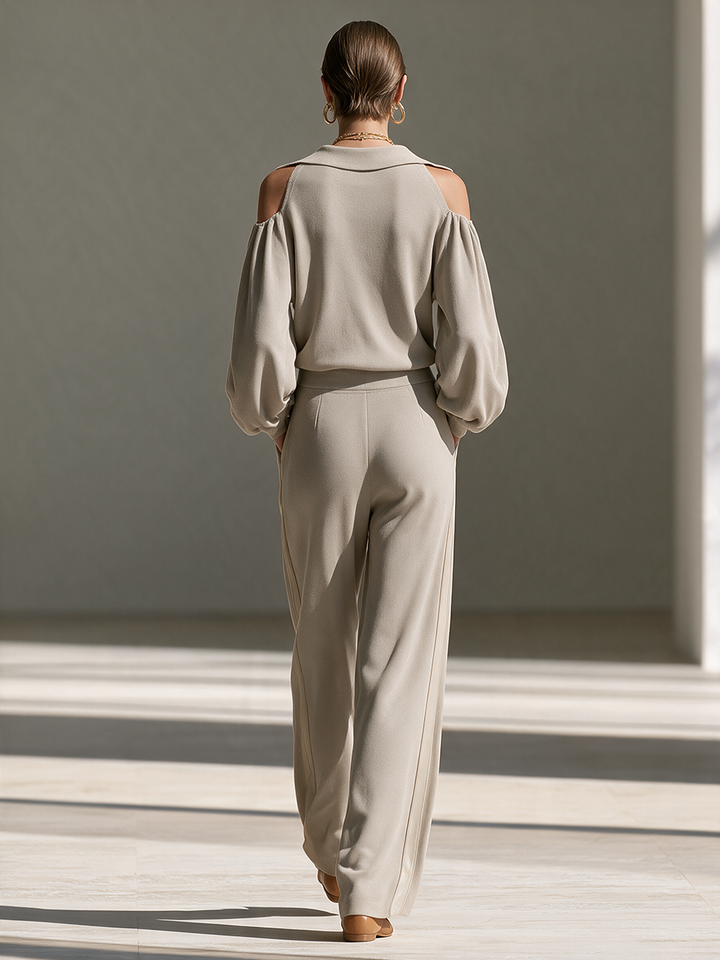 Women's Collared Cold-Shoulder Balloon-Sleeve Top And Wide-Leg Pants Set MDZ0403I7CMX
