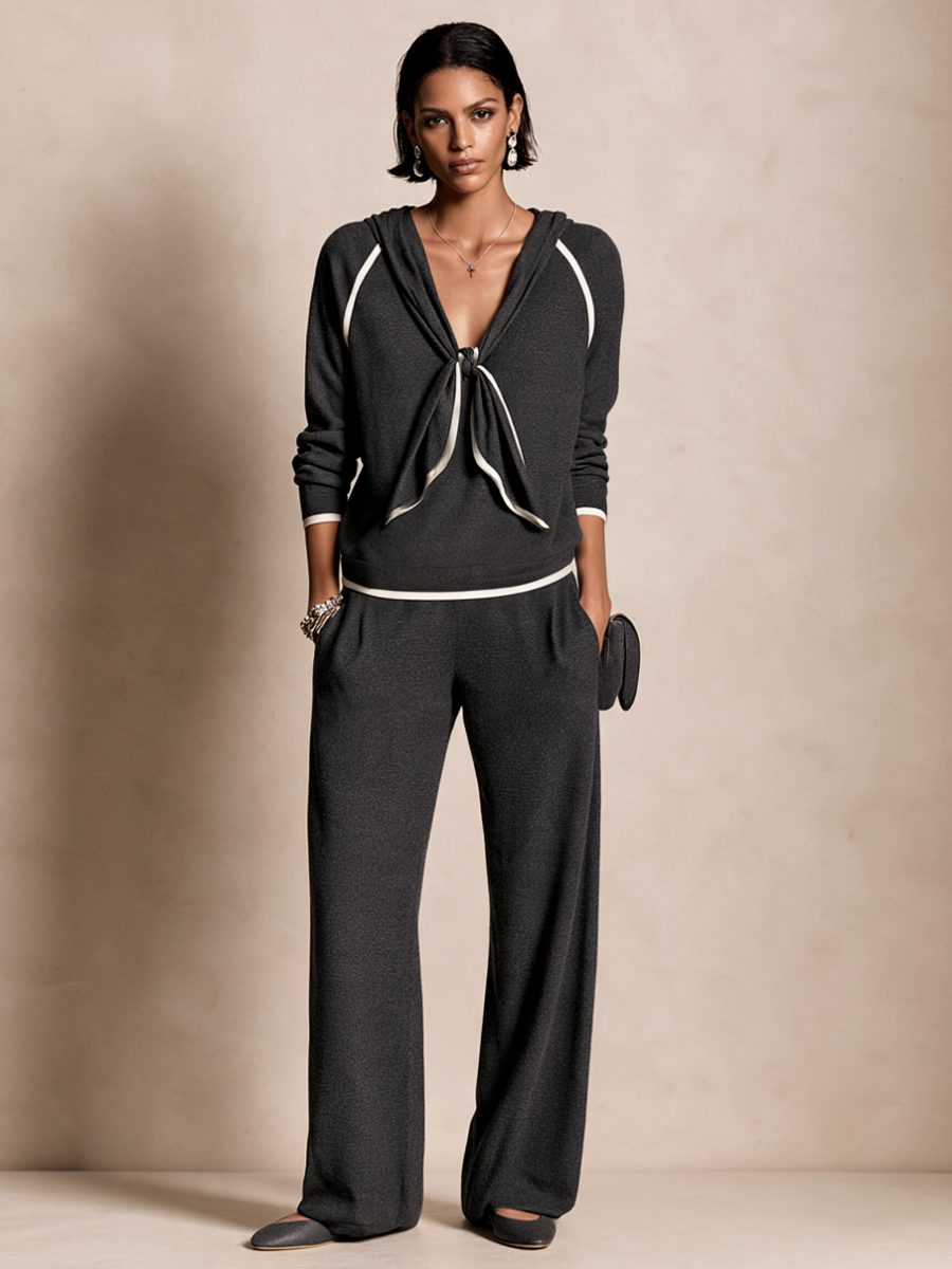 Conjunto de pantalón de pernera ancha con capucha y nudo delantero para mujer MDZ0421I4GMJ