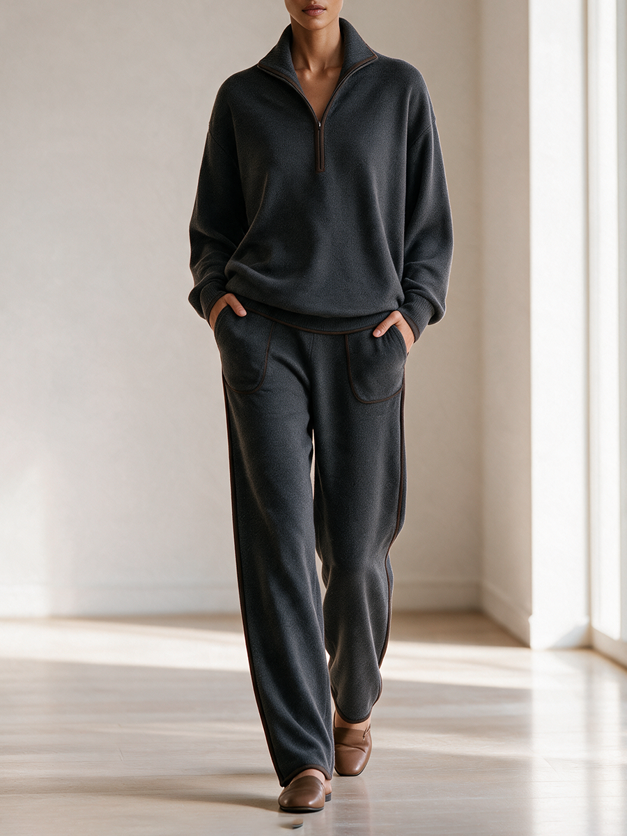 Conjunto de top de manga larga con cuello alto, media cremallera, ribete en contraste y hombros caídos, y pantalón de pierna ancha para mujer MDZ0700I9CMX