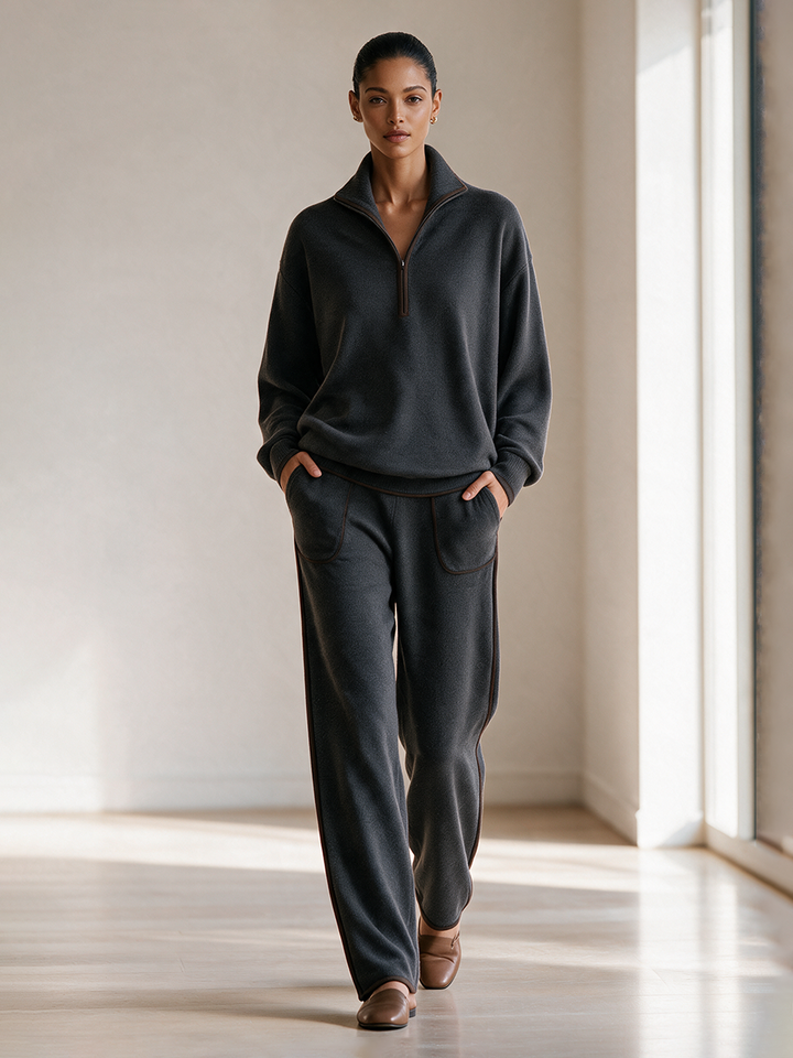 Conjunto de top de manga larga con cuello alto, media cremallera, ribete en contraste y hombros caídos, y pantalón de pierna ancha para mujer MDZ0700I9CMX