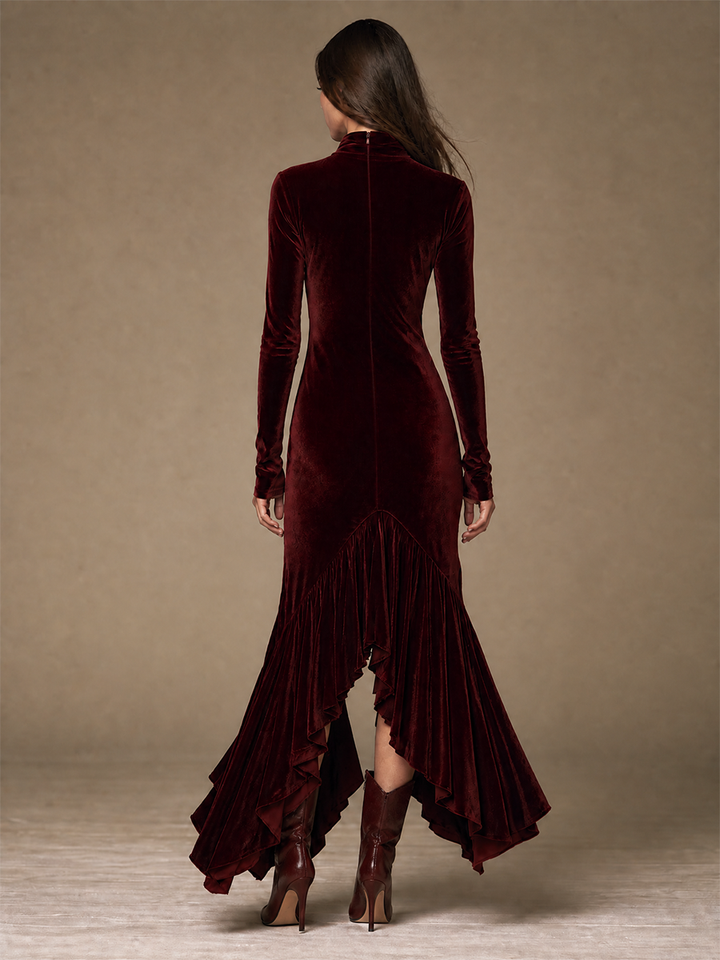 Women Form‑Fitting Velvet Ruffle Hem Maxi Dress For Formal Occasion MDZ0798I3LYL