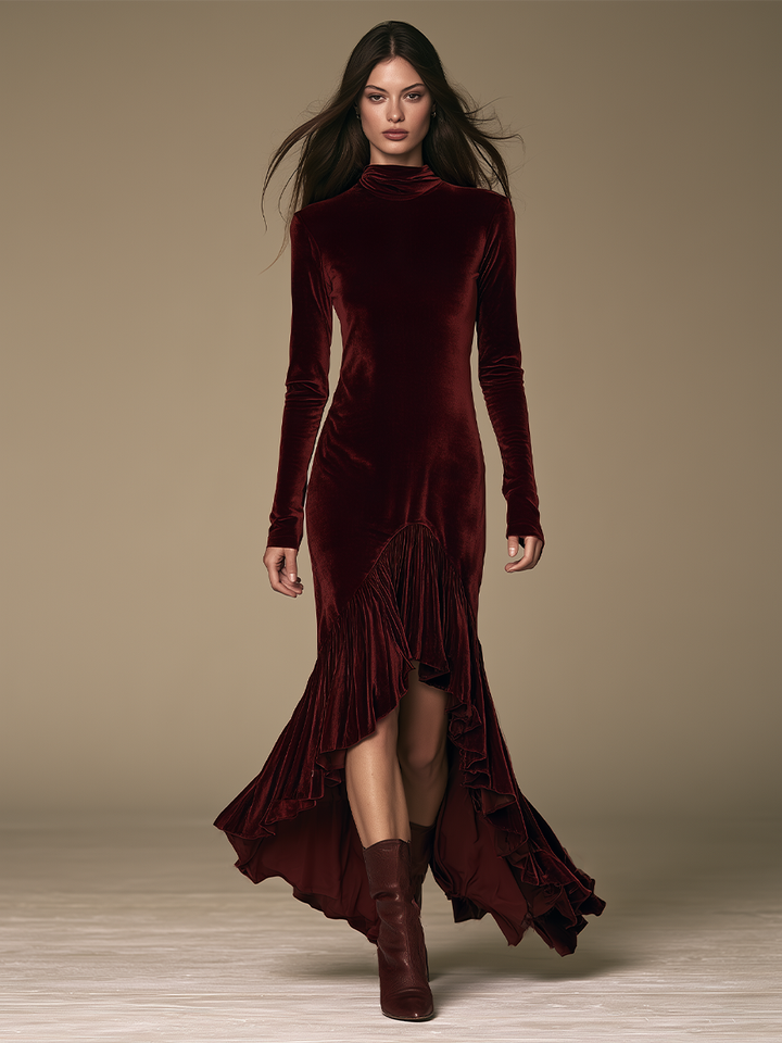 Women Form‑Fitting Velvet Ruffle Hem Maxi Dress For Formal Occasion MDZ0798I3LYL