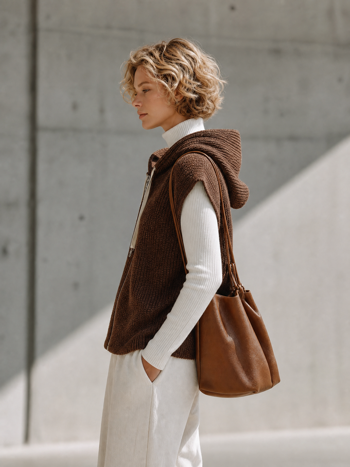 Women's Drawstring Hooded Knit Brown Vest MDZ0782I4YZJ