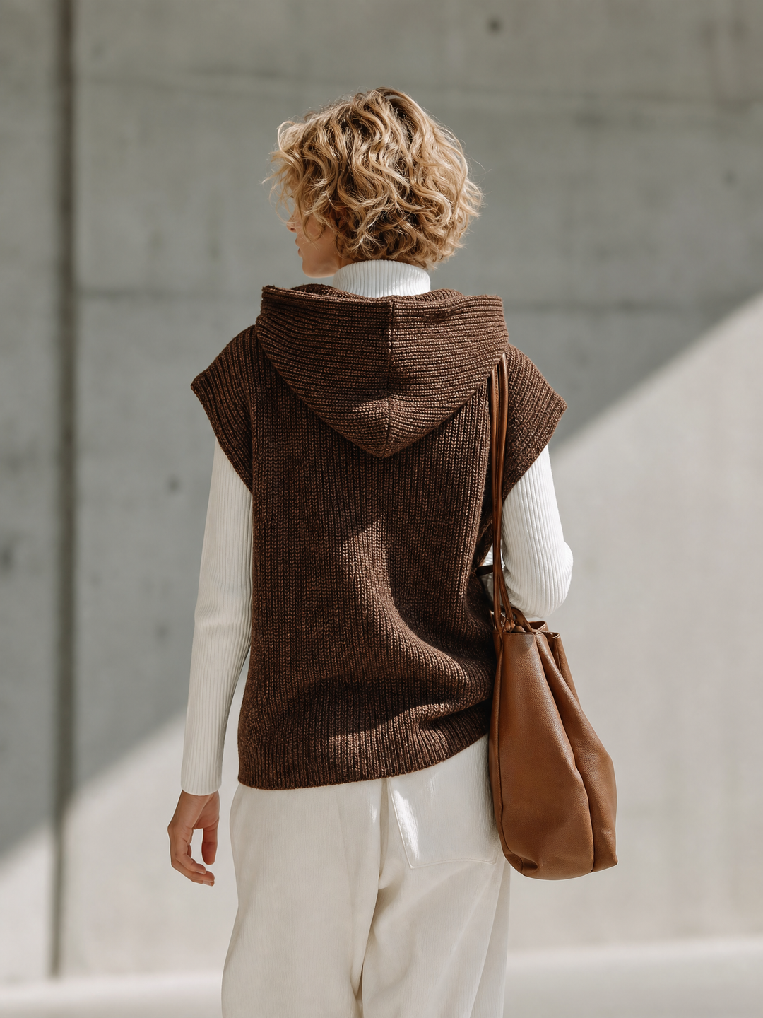 Women's Drawstring Hooded Knit Brown Vest MDZ0782I4YZJ