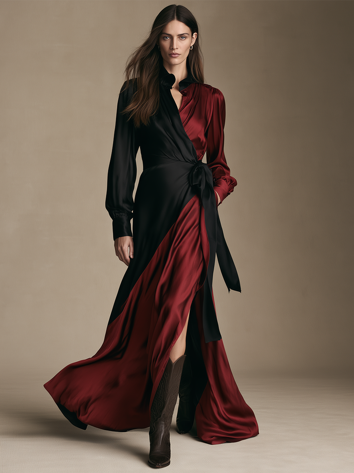 Women's Color‑Block Satin Wrap Maxi Dress MDZ0716I5LYL
