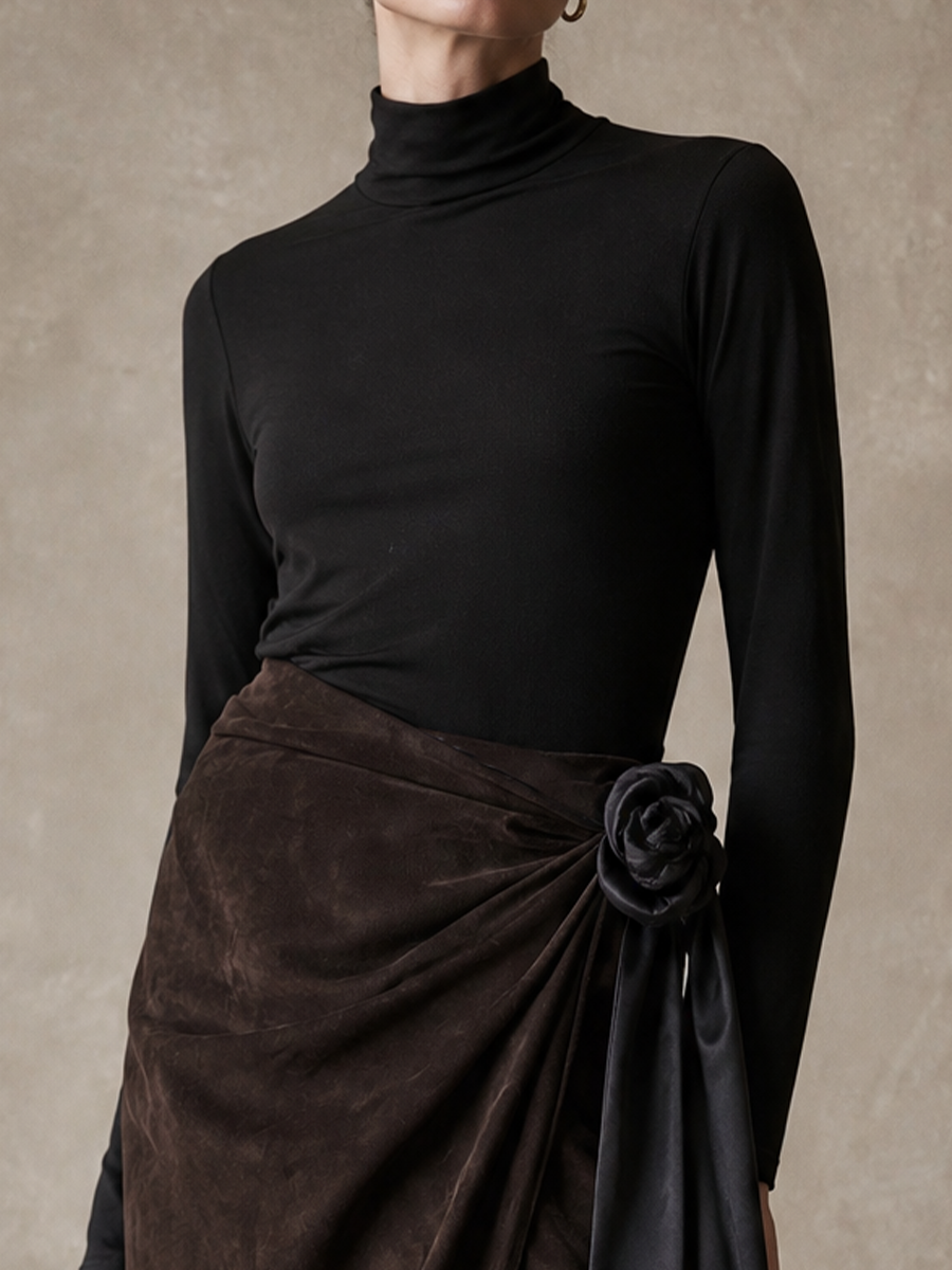 Conjunto de falda con detalle de rosa fruncida para mujer, marrón y negro MDZ0740I7YZJ
