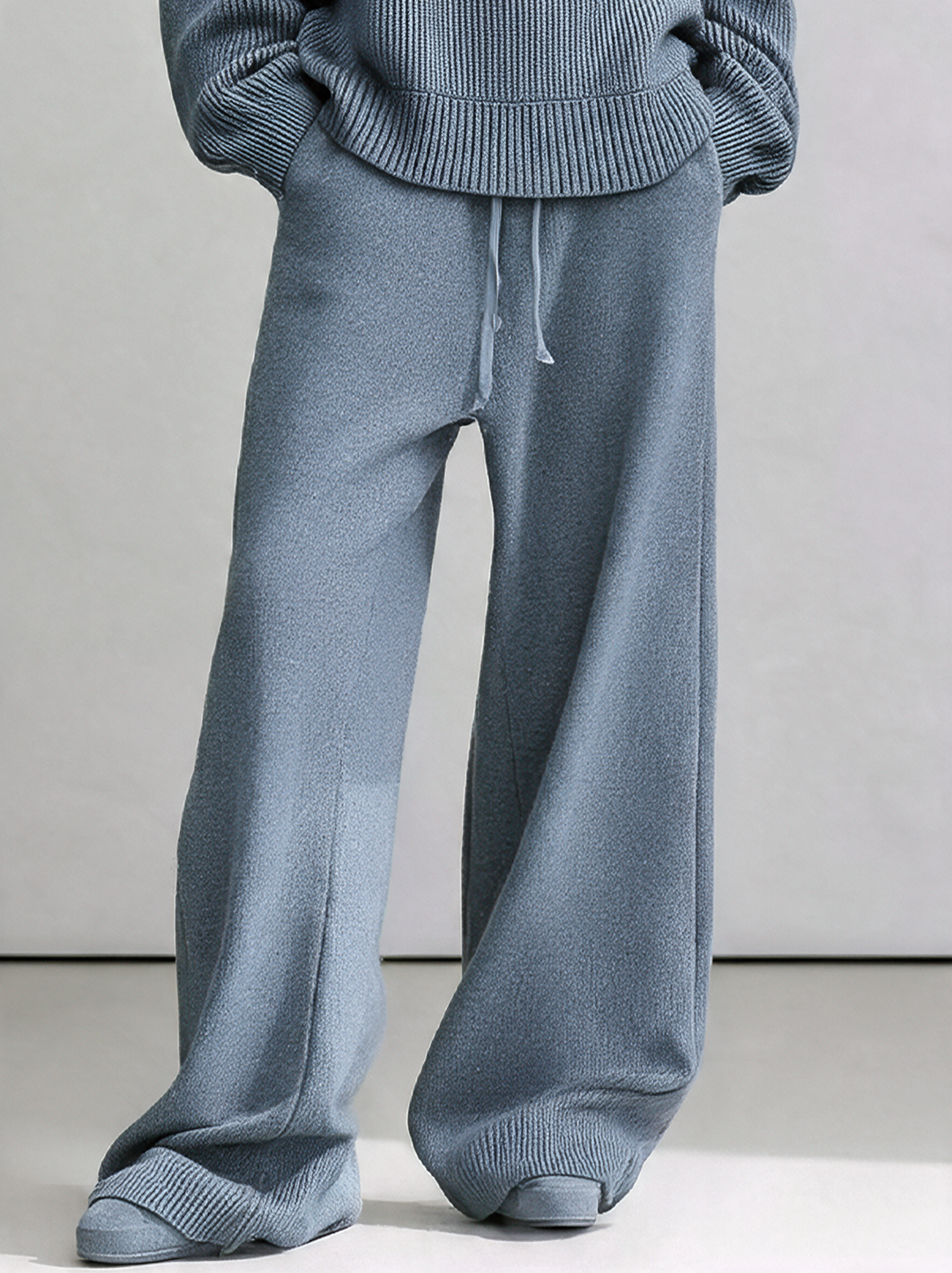 Pantalones de punto de cintura alta con cordón y pierna ancha para mujer MDZ0764I6R