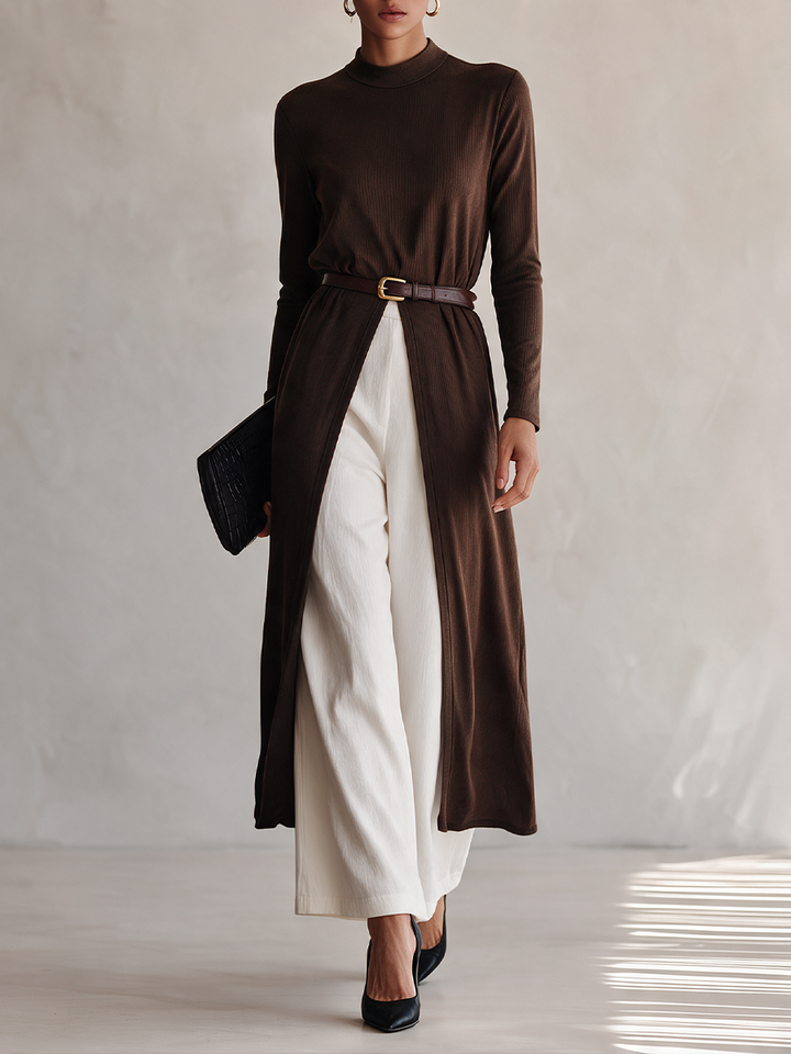 Conjunto de top largo de punto acanalado y pantalón de pernera ancha de mezcla de algodón para mujer (cinturón no incluido) MDZ0730I4ZRK