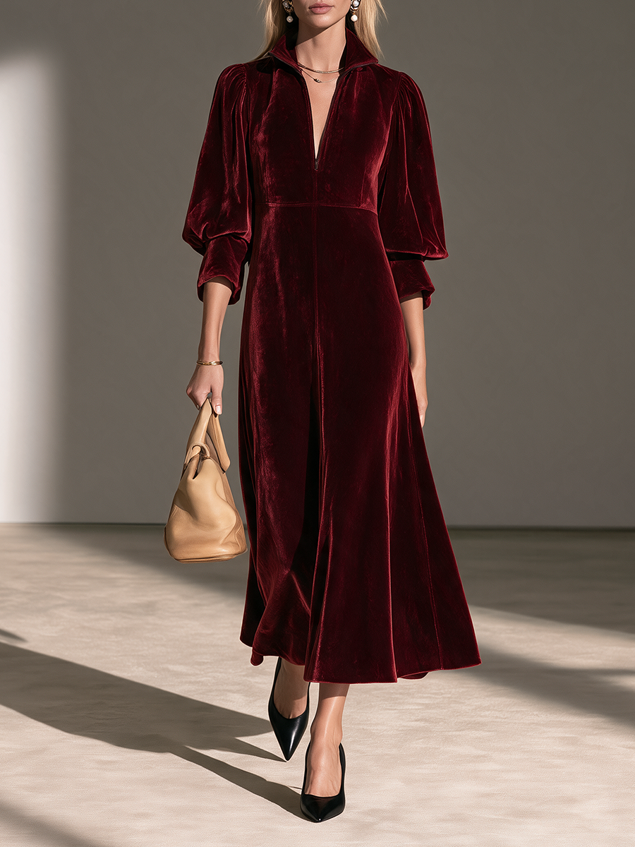 Vestido maxi de terciopelo con cuello, media cremallera, mangas abullonadas y cinturón para mujer MDZ0168I7CMX