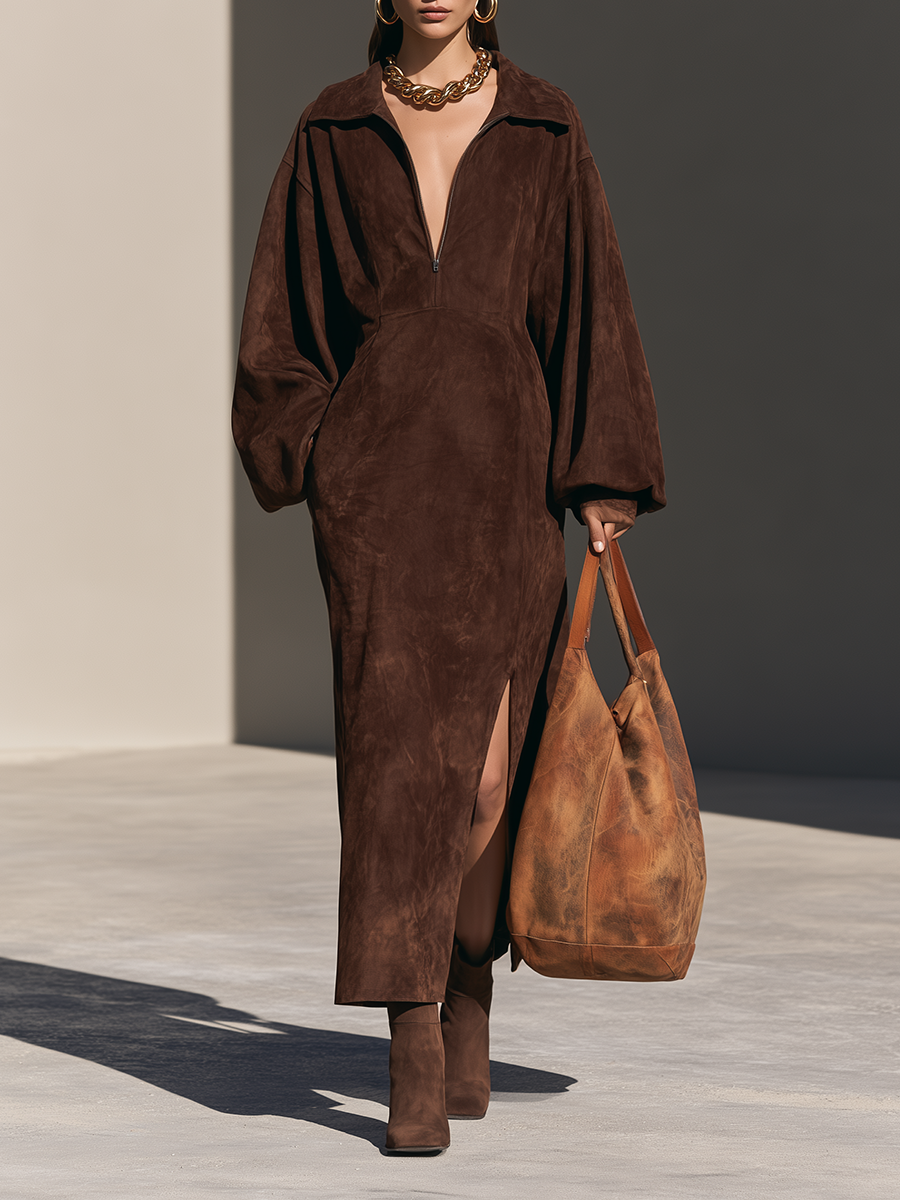 Vestido maxi de ante sintético con cuello, media cremallera, hombros caídos, mangas globo y abertura MDZ0150I8CMX