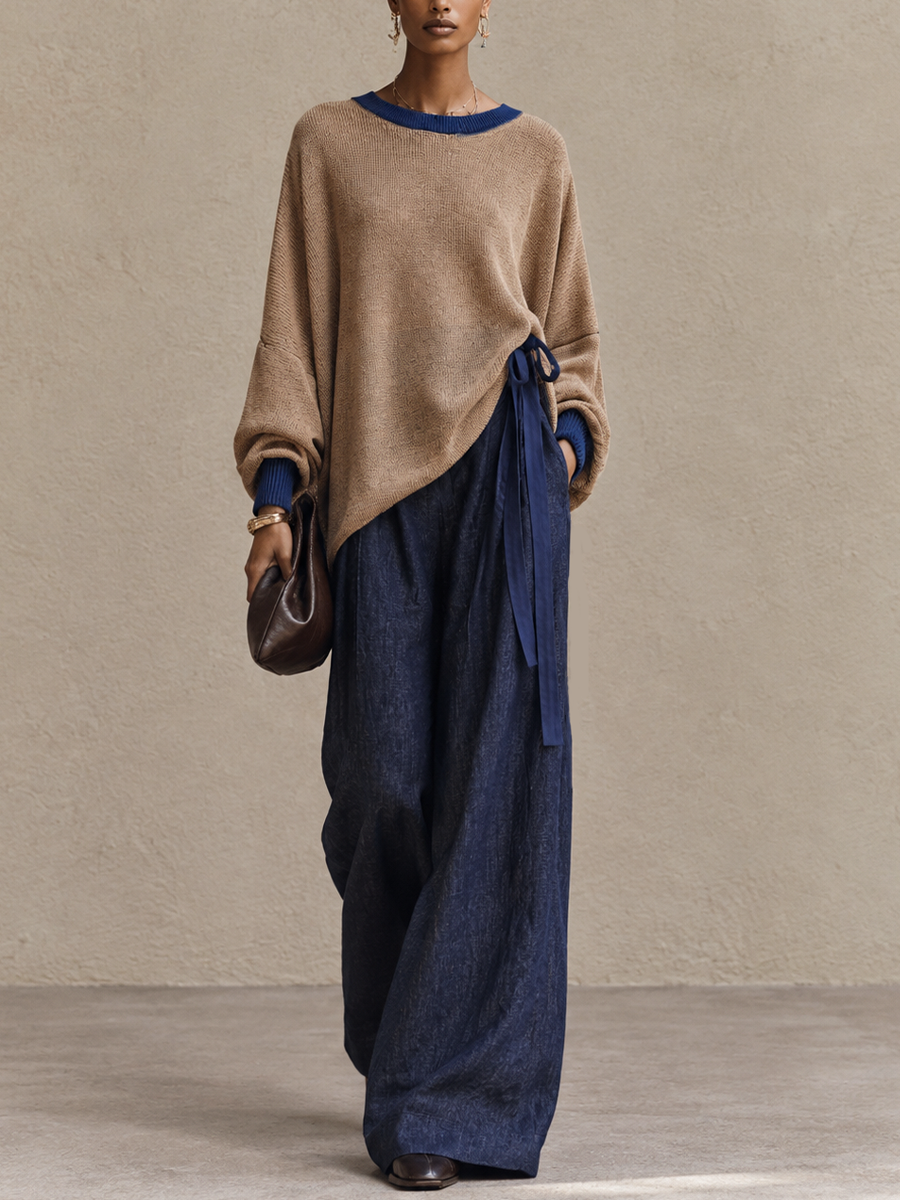 Conjunto de suéter de cuello redondo y pantalón de pernera ancha con ribete en contraste para mujer MDZ0705I3GMJ