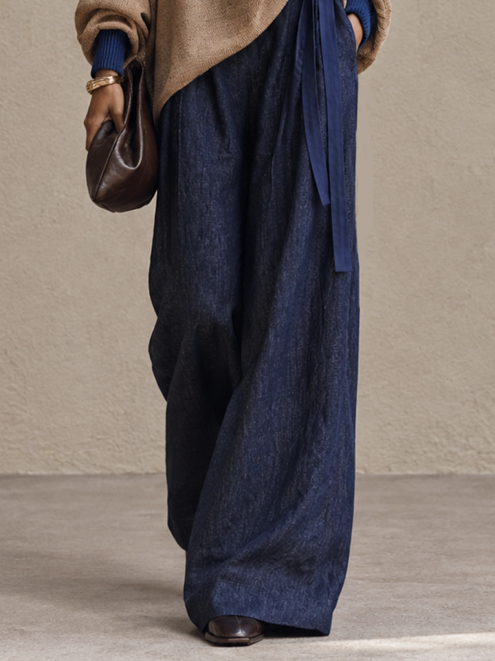 Conjunto de suéter de cuello redondo y pantalón de pernera ancha con ribete en contraste para mujer MDZ0705I3GMJ
