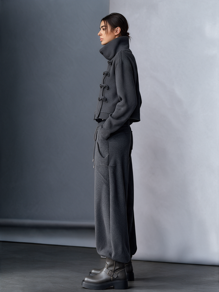 Women's High‑Collar Knit Military‑Style Cropped Jacket & Harem Wide‑Leg Pants Set MDZ0804I3R