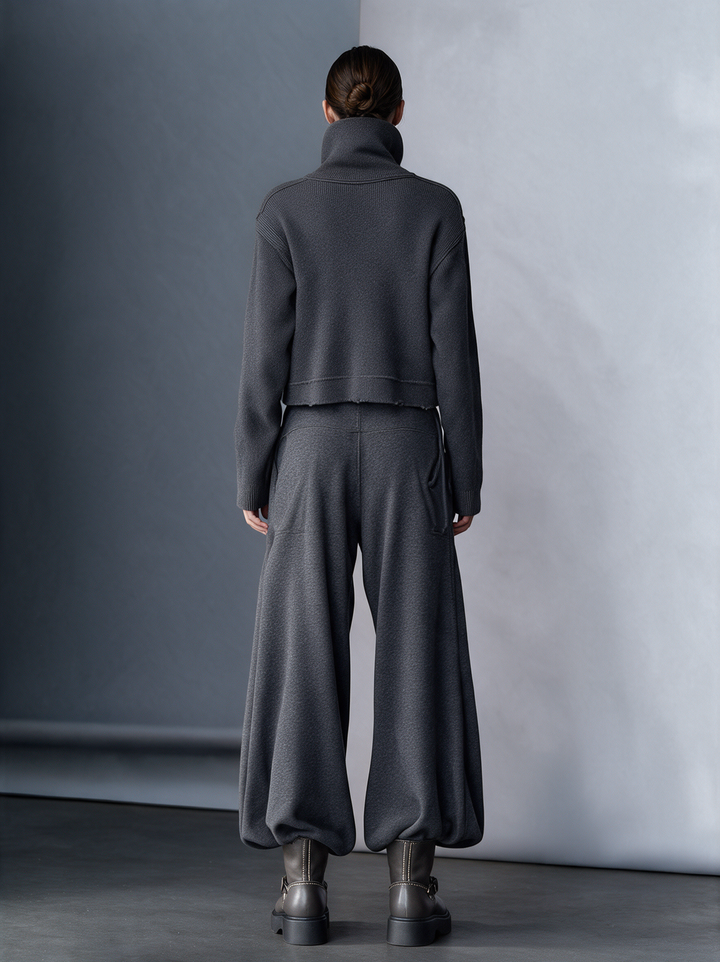Women's High‑Collar Knit Military‑Style Cropped Jacket & Harem Wide‑Leg Pants Set MDZ0804I3R