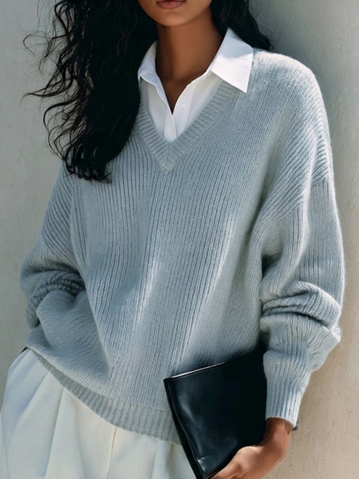 Blusa de punto para mujer con doble vista y cuello camisero