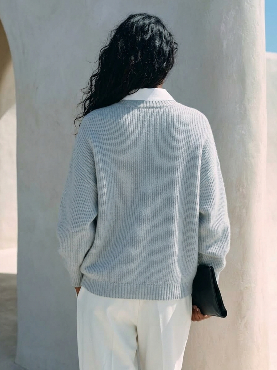 Blusa de punto para mujer con doble vista y cuello camisero