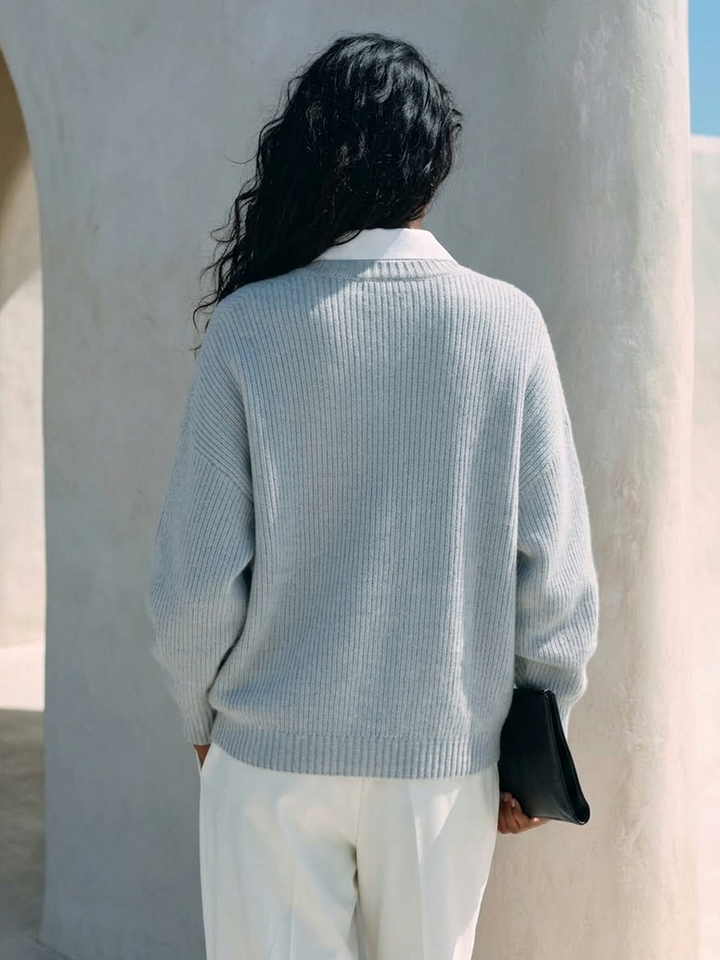 Blusa de punto para mujer con doble vista y cuello camisero