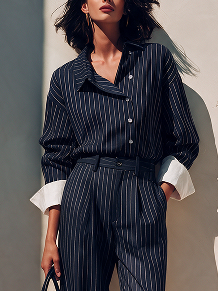 Women's Elegant Striped Shirt And Trouser Set