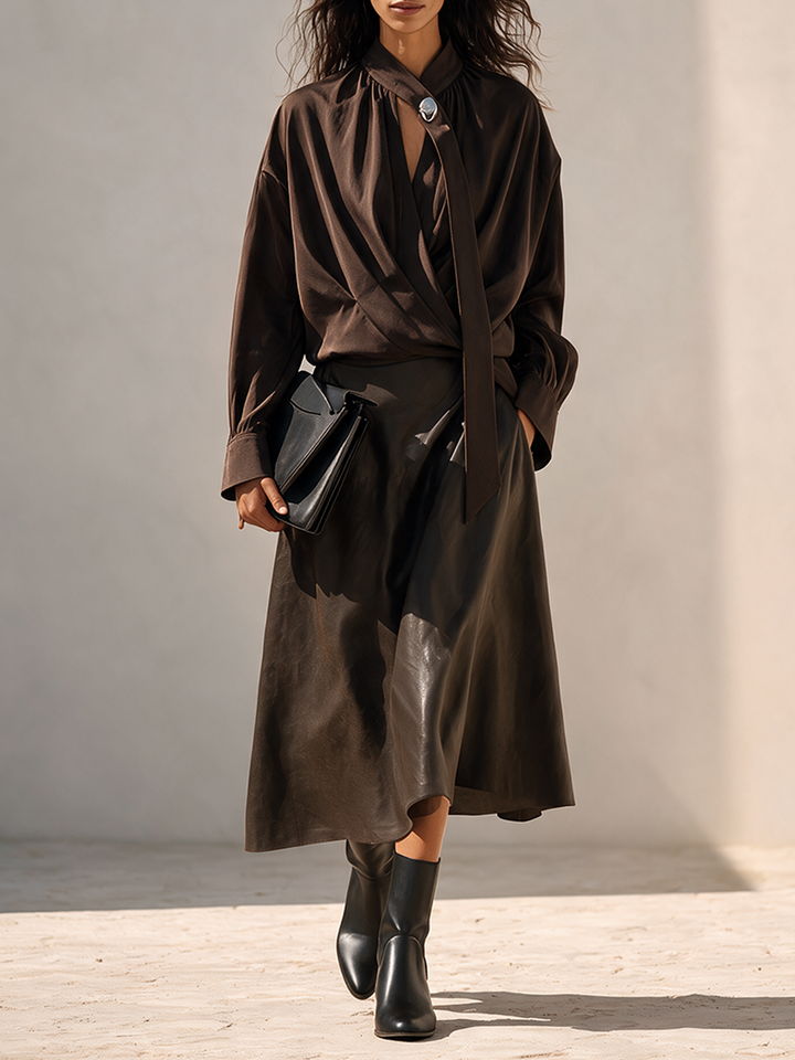 Women's Designer Shirt & Leather Skirt Set