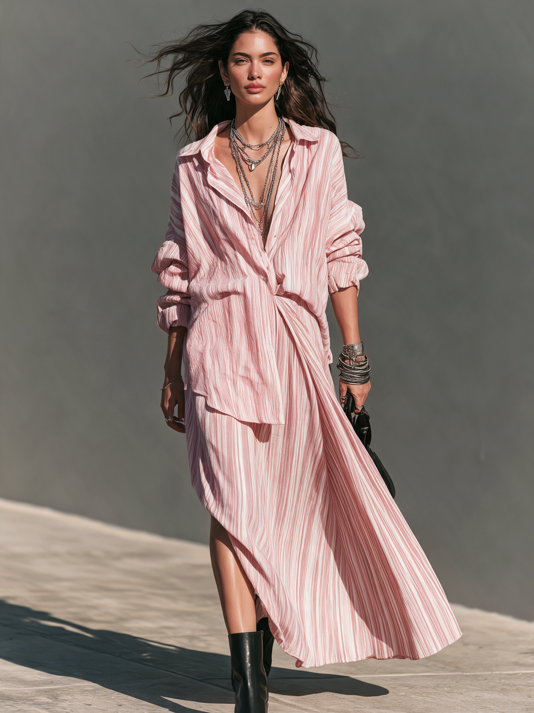 Conjunto de dos piezas de camisa y falda a rayas rosadas casual-elegante para mujer MDZ0862I6LXY