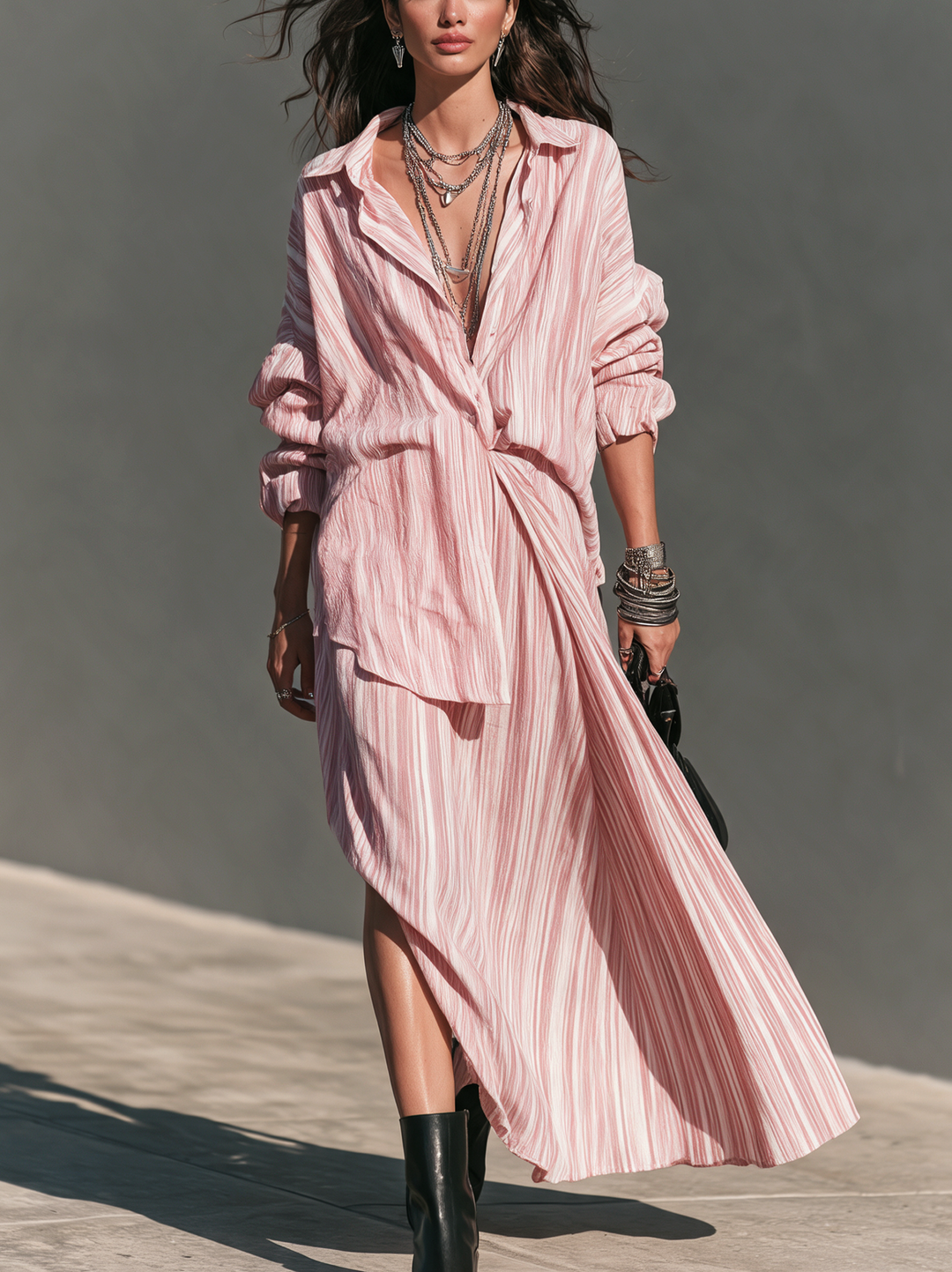 Conjunto de dos piezas de camisa y falda a rayas rosadas casual-elegante para mujer MDZ0862I6LXY