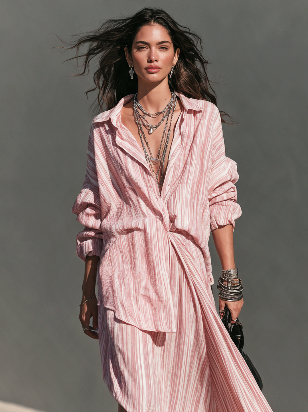 Conjunto de dos piezas de camisa y falda a rayas rosadas casual-elegante para mujer MDZ0862I6LXY