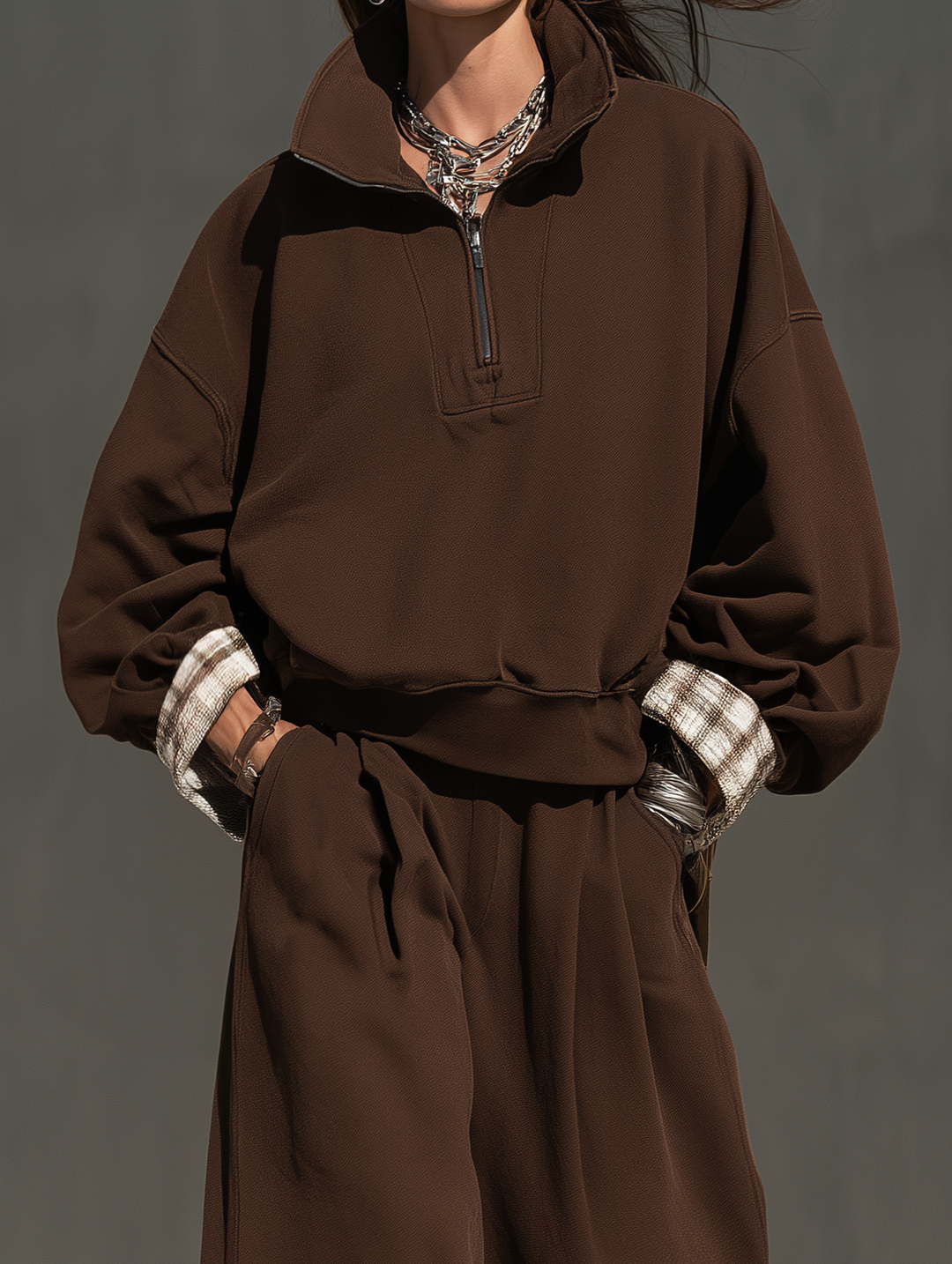 Conjunto de dos piezas de top de manga larga y pantalón casual para mujer en tejido de sudadera marrón MDZ0853I7LXY