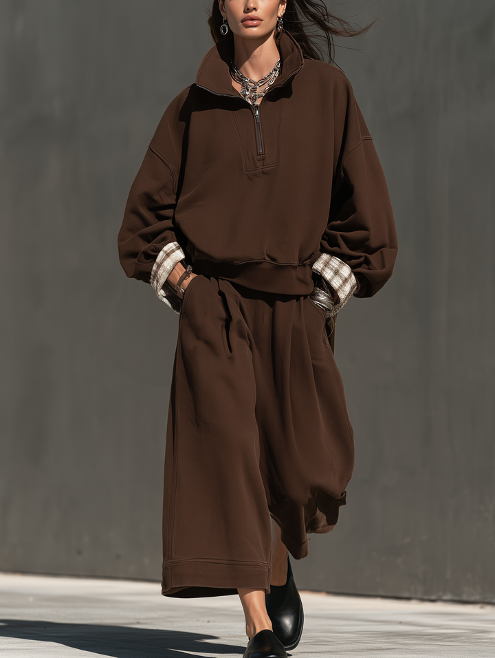 Conjunto de dos piezas de top de manga larga y pantalón casual para mujer en tejido de sudadera marrón MDZ0853I7LXY