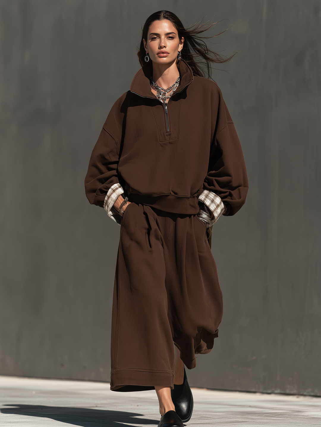 Conjunto de dos piezas de top de manga larga y pantalón casual para mujer en tejido de sudadera marrón MDZ0853I7LXY