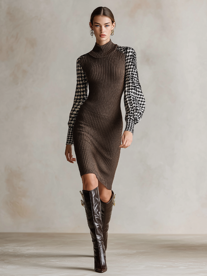 Vestido midi de cuello alto con estampado de pata de gallo y bloques de color de corte ajustado para mujer MDZ0875I0LYL