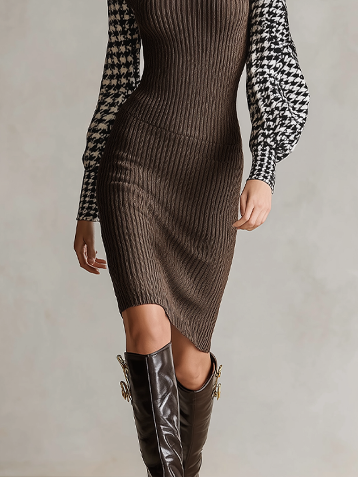 Vestido midi de cuello alto con estampado de pata de gallo y bloques de color de corte ajustado para mujer MDZ0875I0LYL