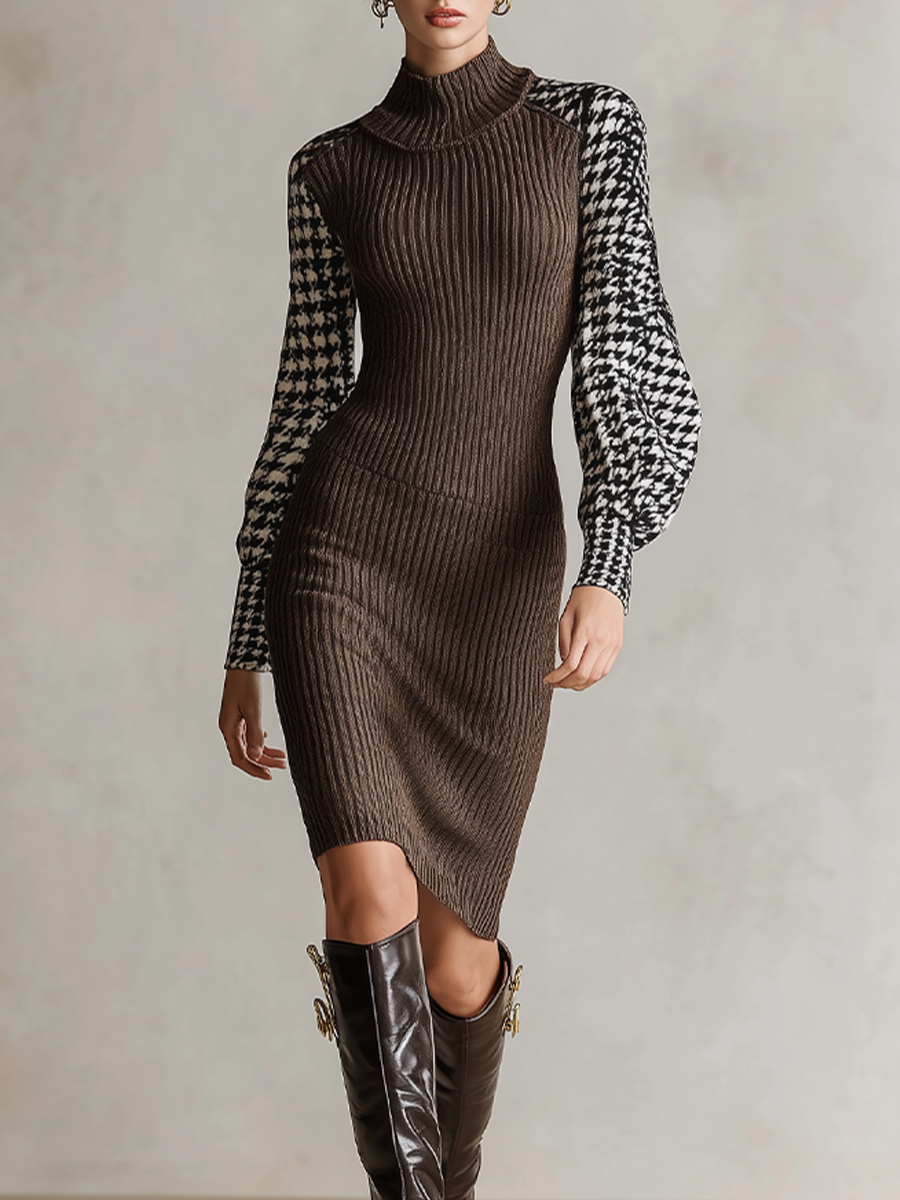Vestido midi de cuello alto con estampado de pata de gallo y bloques de color de corte ajustado para mujer MDZ0875I0LYL