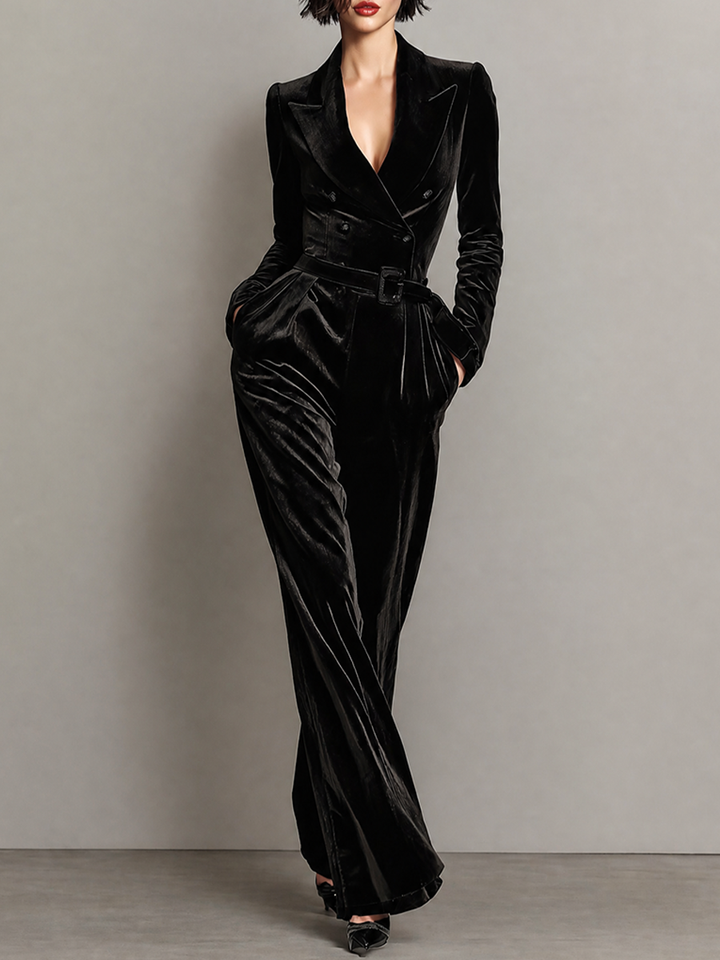 Women's Belted Velvet Blazer Lapel Wide‑Leg Jumpsuit MDZ0859I9LYL