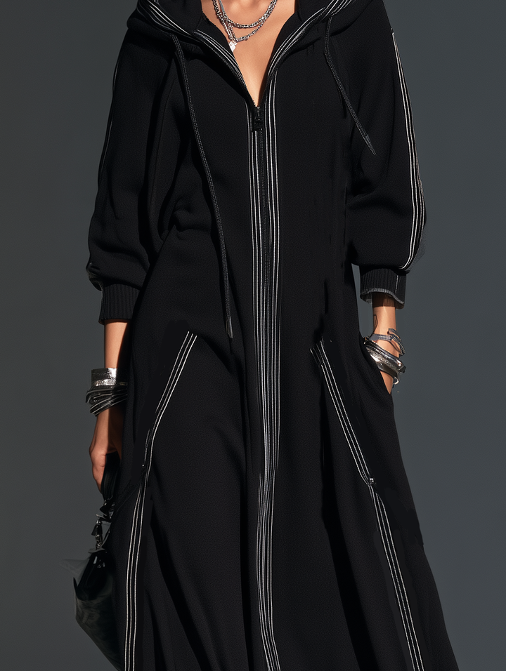 Abrigo largo con capucha de manga larga informal negro de tela de sudadera para mujer