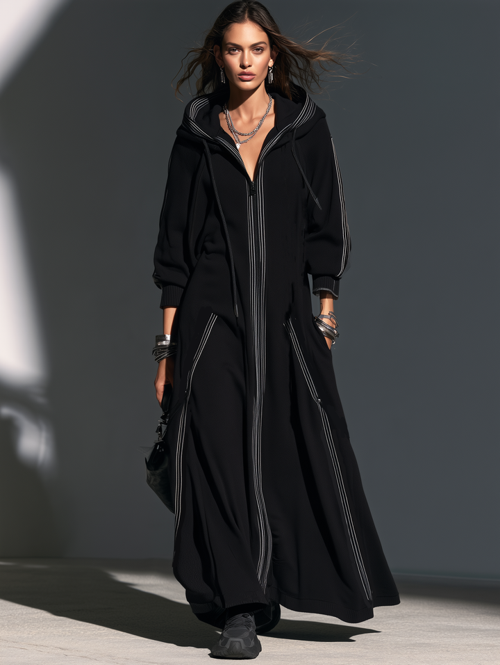 Abrigo largo con capucha de manga larga informal negro de tela de sudadera para mujer