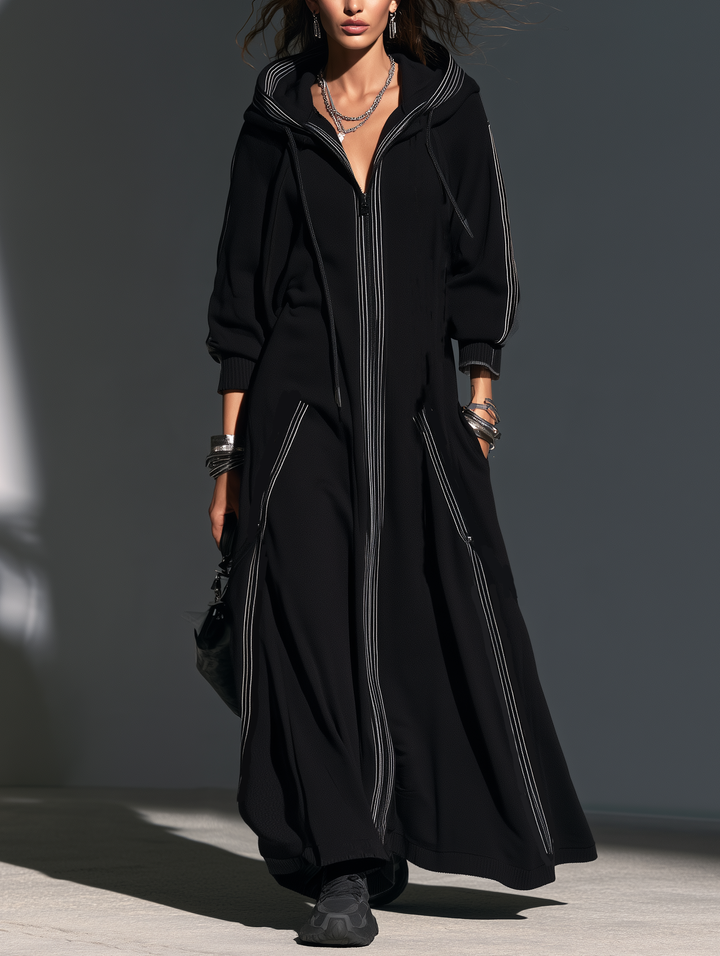 Abrigo largo con capucha de manga larga informal negro de tela de sudadera para mujer